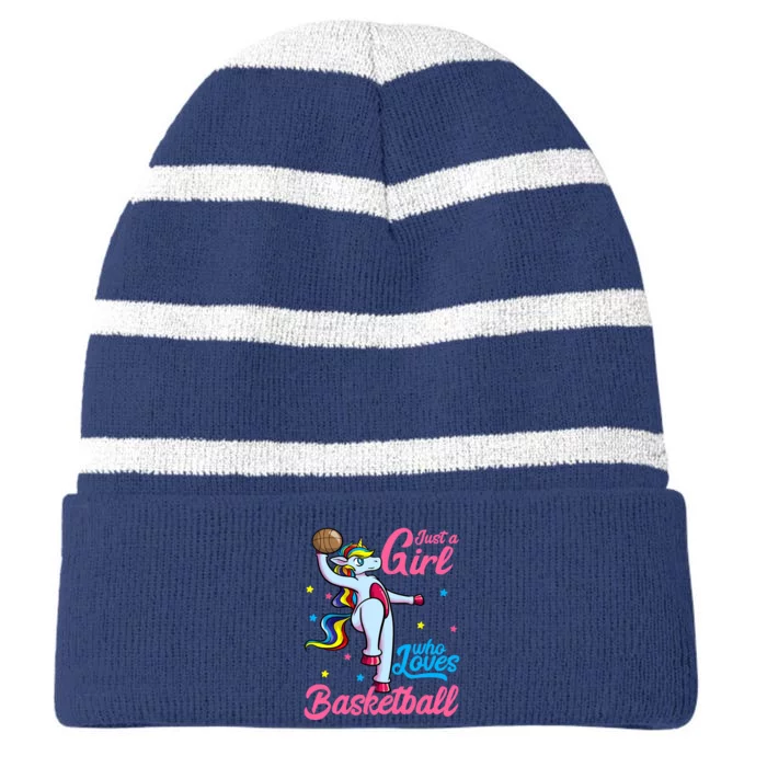 Just a Girl Who Loves Basketball Unicorn Dunking Ball Striped Beanie with Solid Band