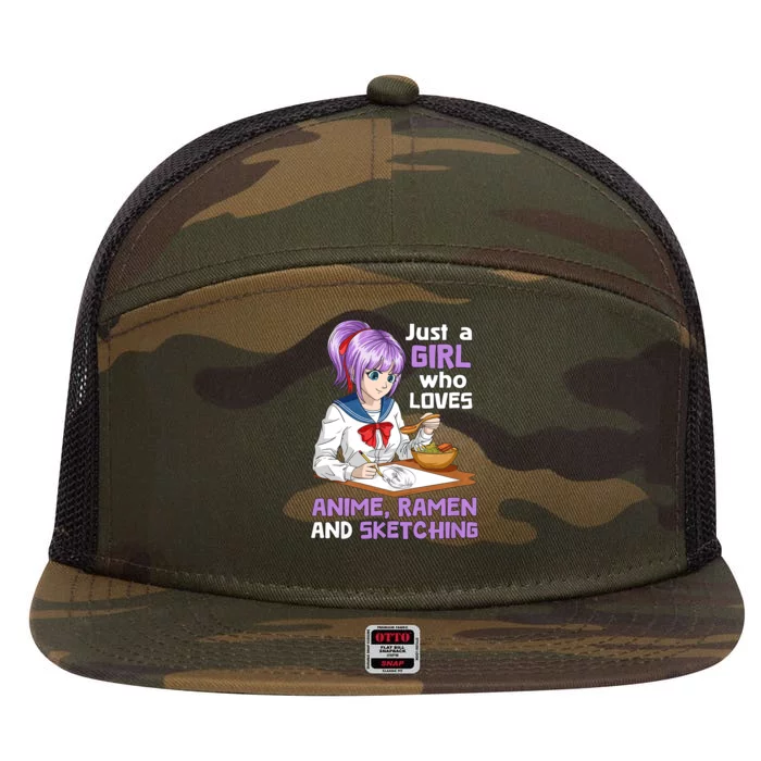 Just A Girl Who Loves Anime Ramen And Sketching Japan Anime 7 Panel Mesh Trucker Snapback Hat