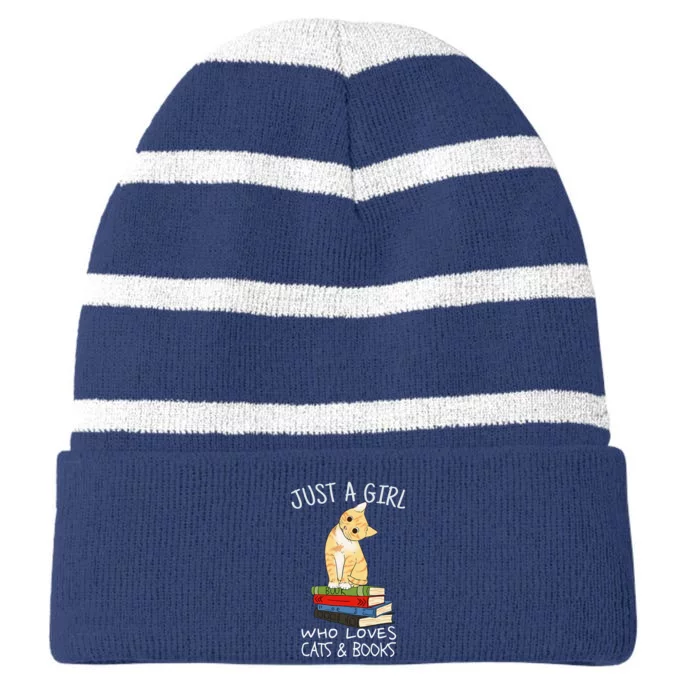 Just A Girl Who Loves Books And Cats Funny Reading Striped Beanie with Solid Band