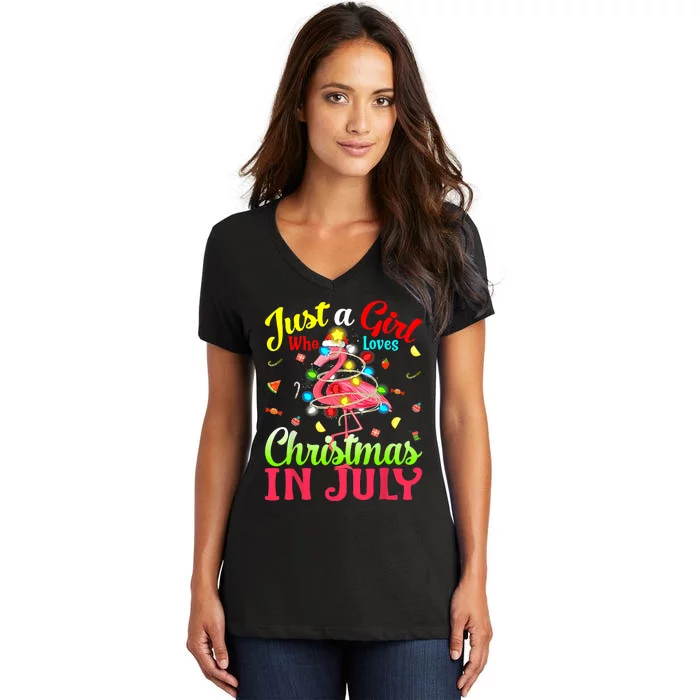 Just A Girl Who Loves Christmas In July Flamingo Women's V-Neck T-Shirt