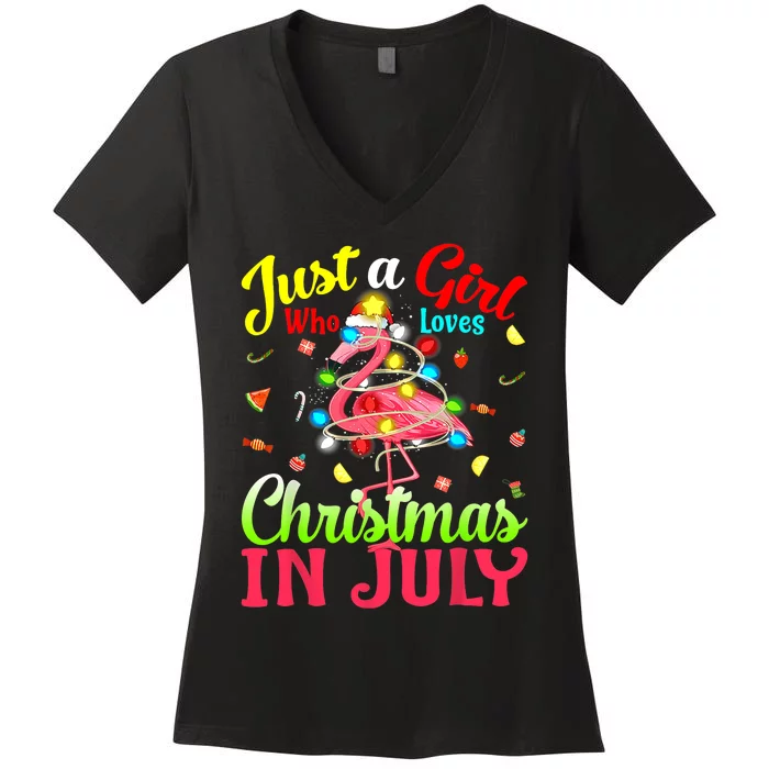 Just A Girl Who Loves Christmas In July Flamingo Women's V-Neck T-Shirt