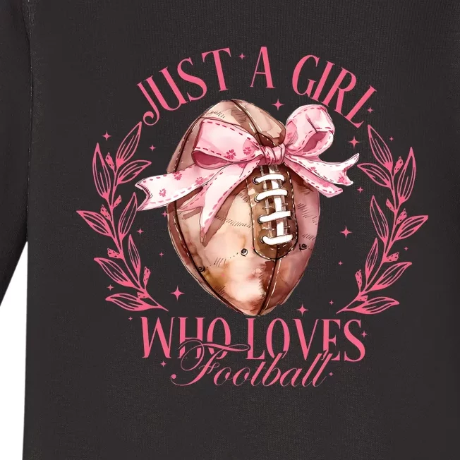 Just A Girl Who Love Football Fall Coquette Bow Baby Long Sleeve Bodysuit