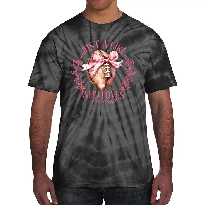 Just A Girl Who Love Football Fall Coquette Bow Tie-Dye T-Shirt