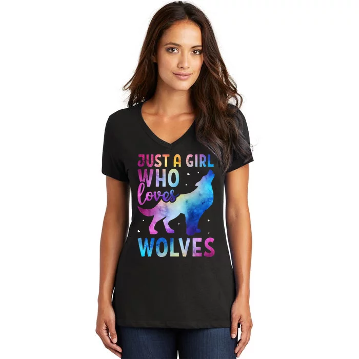 Just A Girl Who Loves Wolves Watercolor Cute Animal Lovers Women's V-Neck T-Shirt