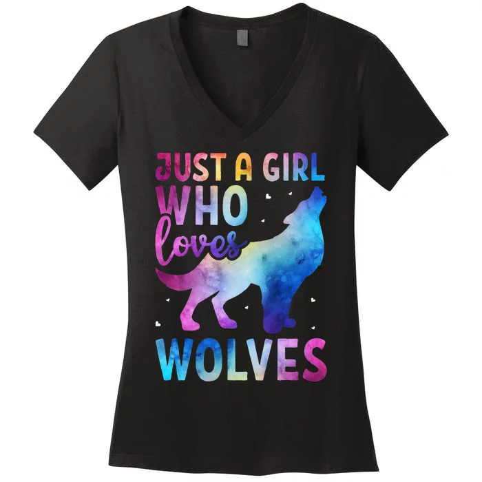 Just A Girl Who Loves Wolves Watercolor Cute Animal Lovers Women's V-Neck T-Shirt