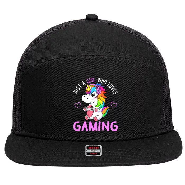 Just A Girl Who Loves Gaming Cute Gamer Unicorn Gift Wo 7 Panel Mesh Trucker Snapback Hat