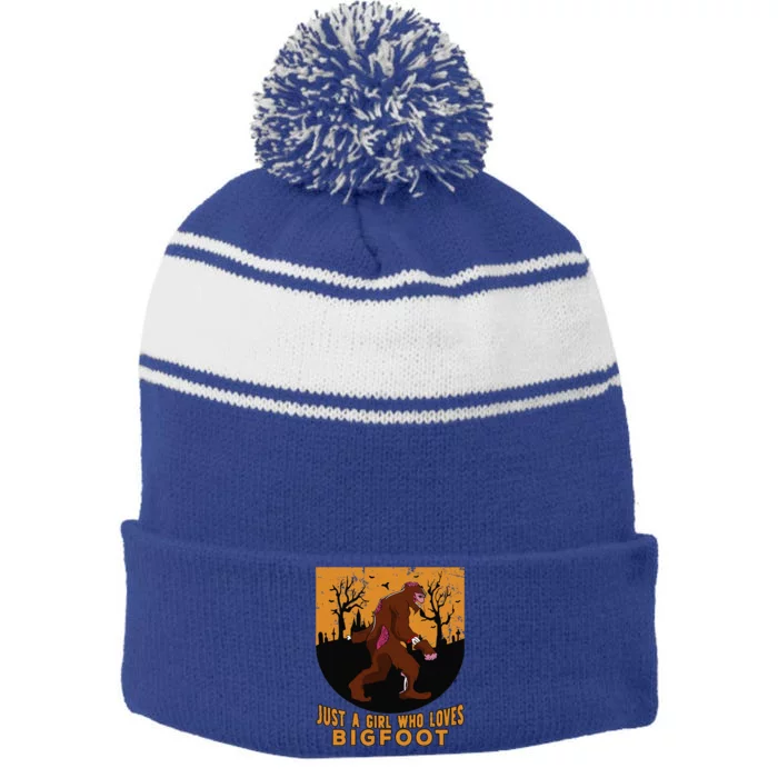 Just A Girll Who Loves Bigfoot Halloween Costume Gift Stripe Pom Pom Beanie