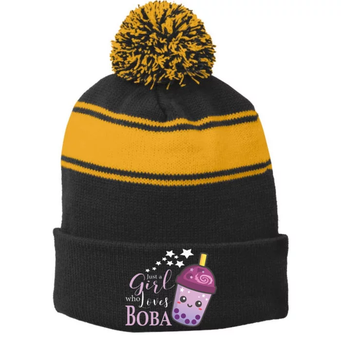 Just A Girl Who Loves Boba Tea Boba Milk Tea Bubble Tea Stripe Pom Pom Beanie