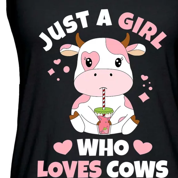 Just A Girl Who Loves Cows Cute Strawberry Cow Cowgirl Print Ladies Essential Flowy Tank