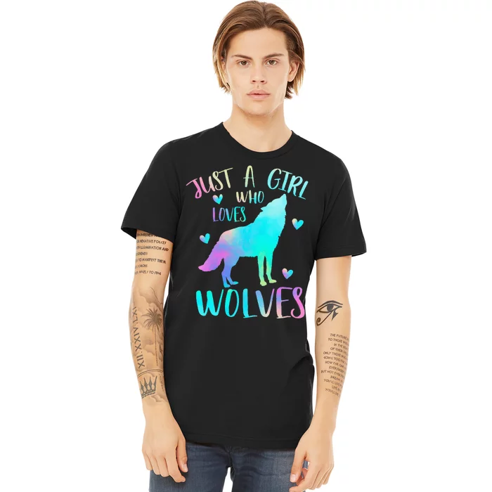 Just A Girl Who Loves Wolves Watercolor Cute Wolf Lover Premium T-Shirt