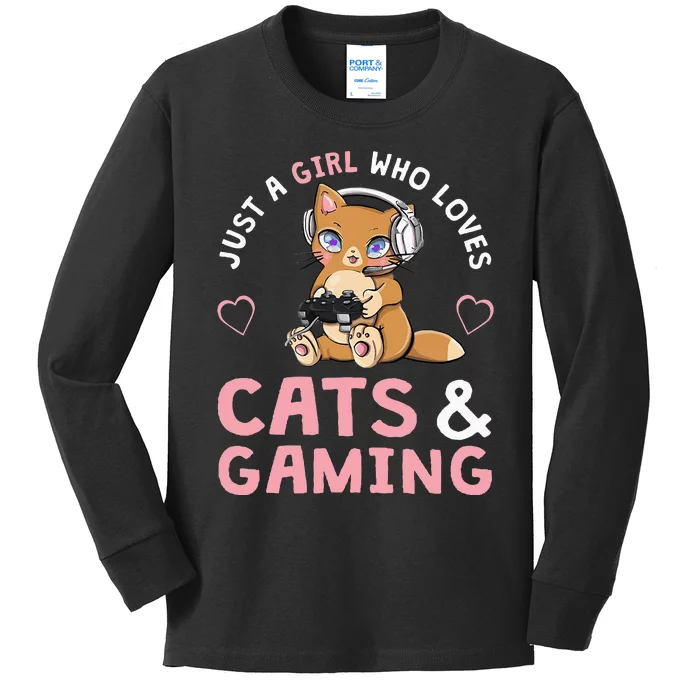 Just A Girl Who Loves Cats And Gaming Cute Gamer Cat Kids Long Sleeve Shirt