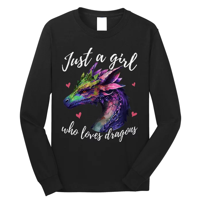 Just A Girl Who Loves Dragons Cute Dragon Watercolor Art Long Sleeve Shirt