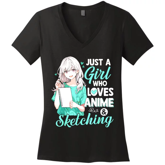 Just A Girl Who Loves Anime & Sketching Otaku Anime Costume Women's V-Neck T-Shirt