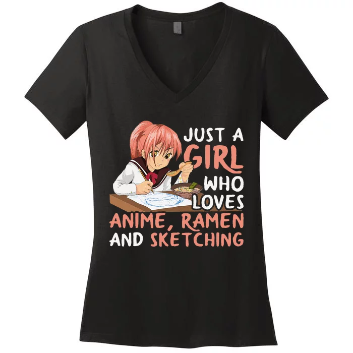 Just A Girl Who Loves Anime Ramen And Sketching Japan Anime Women's V-Neck T-Shirt