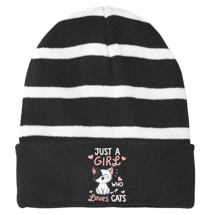 Just A Girl Who Loves Cats Cute Cat Lover Gifts Striped Beanie with Solid Band