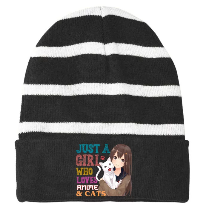 Just A Girl Who Loves Anime And Cats Striped Beanie with Solid Band