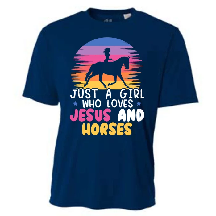 Just A Girl Who Loves Jesus And Horses Equestrian Christian Cooling Performance Crew T-Shirt