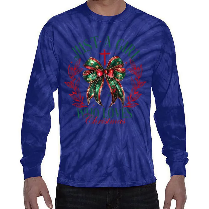 Just A Girl Who Loves Chrsitmas Coquette Bow Tie-Dye Long Sleeve Shirt