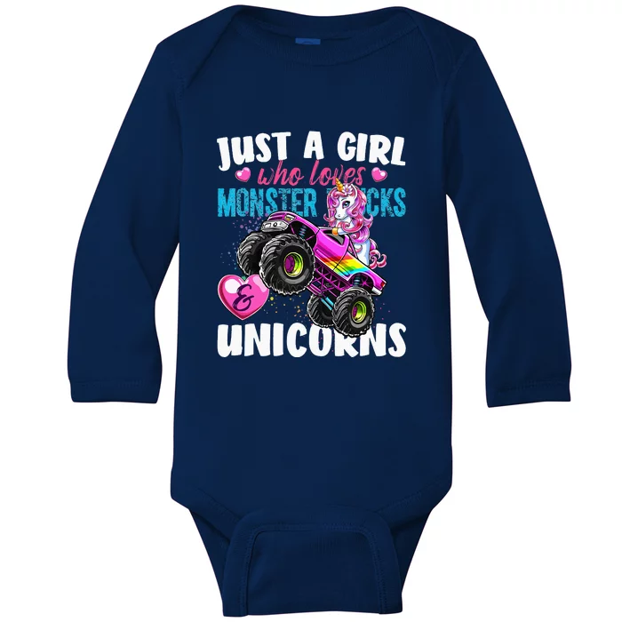 Just A Girl Who Loves Monster Trucks And Unicorns Baby Long Sleeve Bodysuit