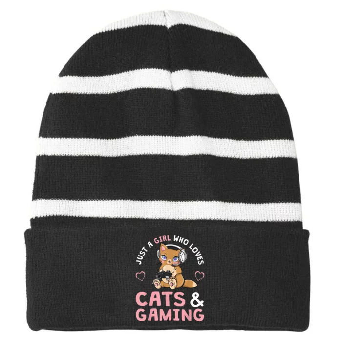 Just A Girl Who Loves Cats And Gaming Cute Gamer Cat Striped Beanie with Solid Band