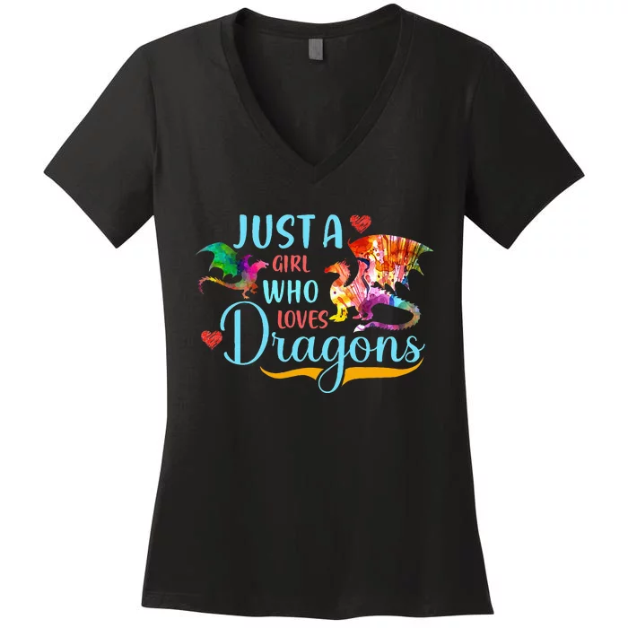 Just A Girl Who Loves Dragons Women Girl Colorful Dragon Women's V-Neck T-Shirt