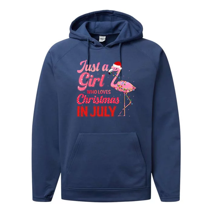 Just A Girl Who Loves Christmas In July Flamingo Funny Christmas In July Gift Performance Fleece Hoodie