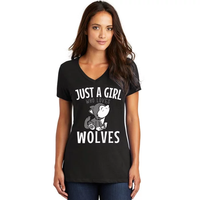 Just A Girl Who Loves Wolves Funny Wolf Doglike Lover Outfit Women's V-Neck T-Shirt