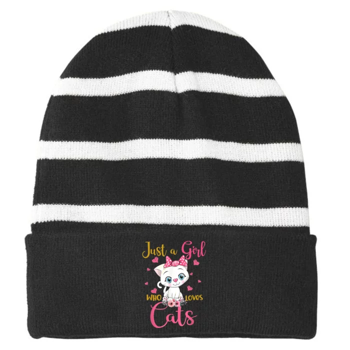 Just A Girl Who Loves Cats Cute Cat Lover Striped Beanie with Solid Band