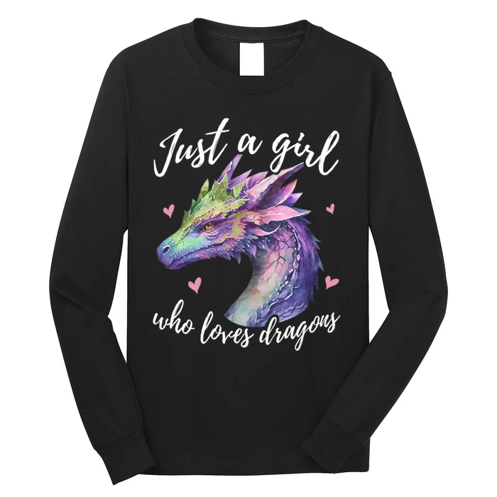 Just A Girl Who Loves Dragons Cute Dragon Watercolor Art Long Sleeve Shirt