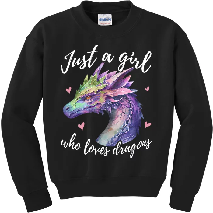 Just A Girl Who Loves Dragons Cute Dragon Watercolor Art Kids Sweatshirt