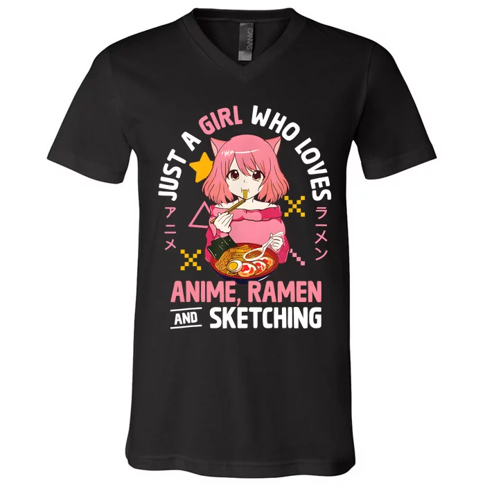 Just A Girl Who Loves Anime Ramen And Sketching Girl Teens V-Neck T-Shirt