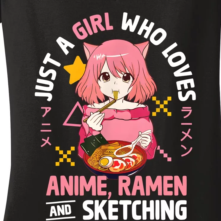 Just A Girl Who Loves Anime Ramen And Sketching Girl Teens Women's V-Neck T-Shirt