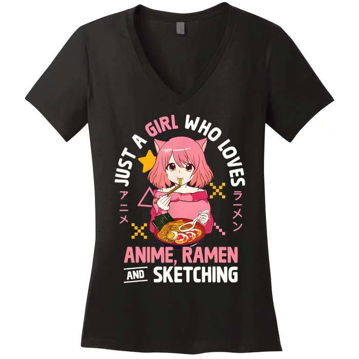 Just A Girl Who Loves Anime Ramen And Sketching Girl Teens Women's V-Neck T-Shirt