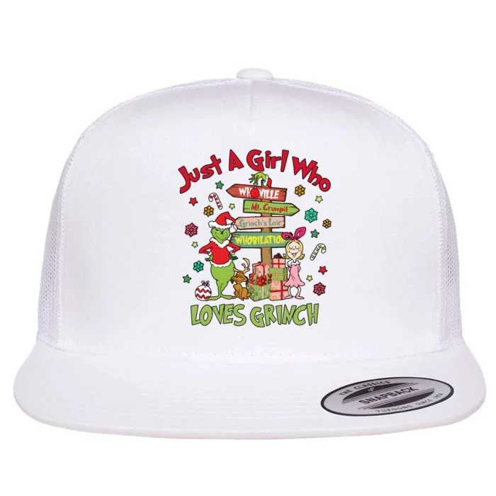 Just A Girl Who Loves Grinchmas Merry Christmas Flat Bill Trucker Hat