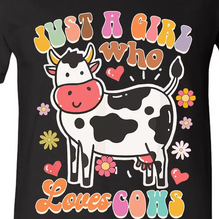 Just A Loves Cows Groovy Cow Lover Country Farm Life V-Neck T-Shirt