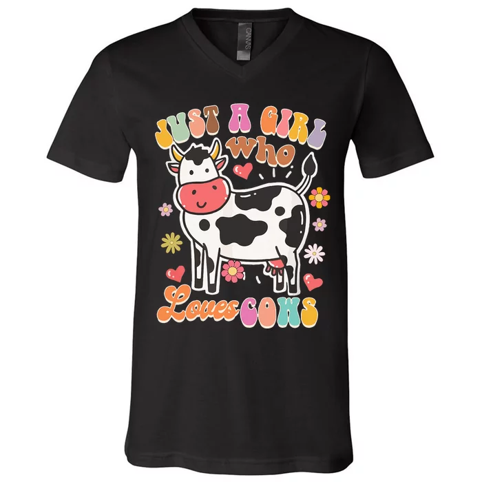 Just A Loves Cows Groovy Cow Lover Country Farm Life V-Neck T-Shirt