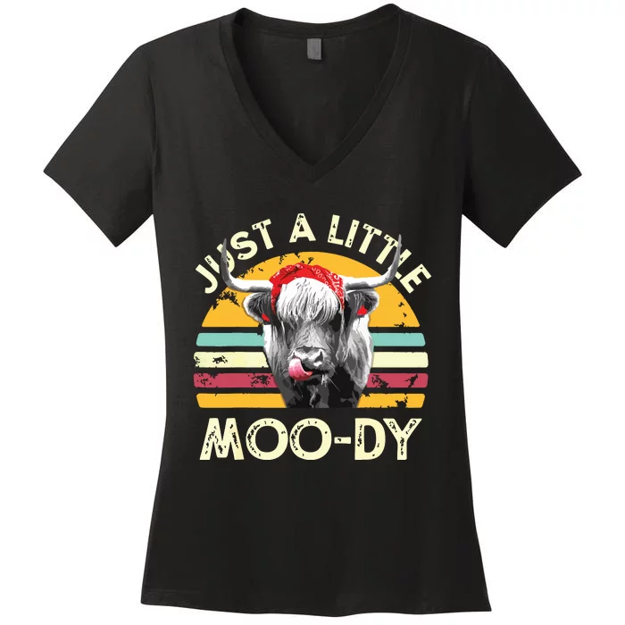 Just A Little Moody Cute Highland Cows Lover Vintage Farming Women's V-Neck T-Shirt