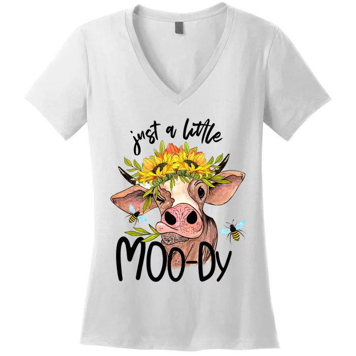 Just A Little Moody Cute Cows Lover Farming Women's V-Neck T-Shirt