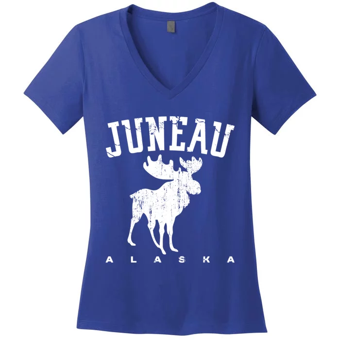 Juneau Alaska Moose Family Hiking Camping Trip Retro Vintage Gift Women's V-Neck T-Shirt