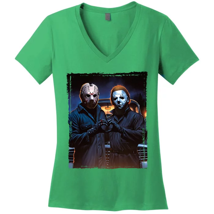 Jason And Myers Halloween Heart Hands Horror Character Women's V-Neck T-Shirt