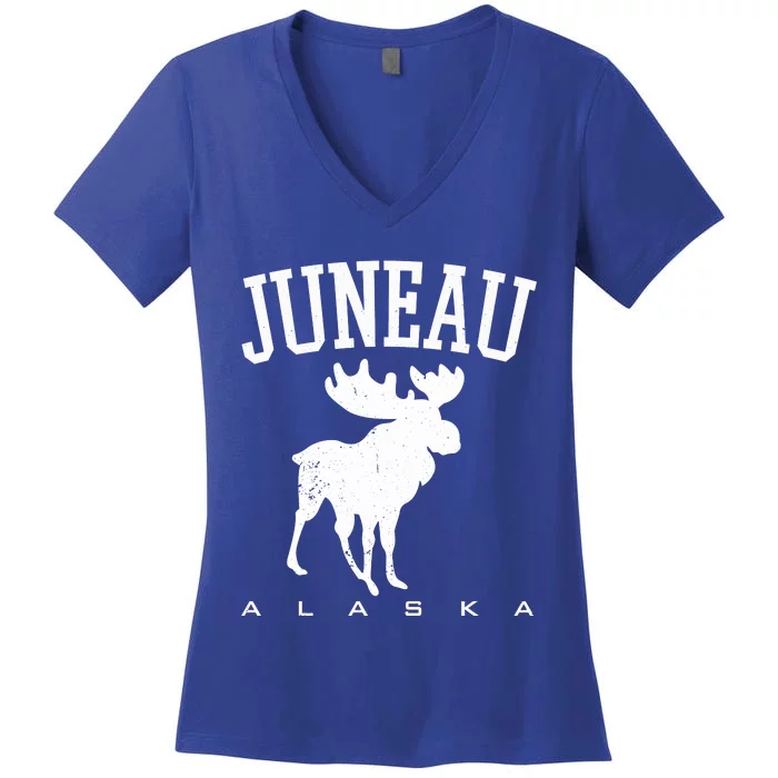 Juneau Alaska Moose Family Hiking Camping Trip Retro Vintage Funny Gift Women's V-Neck T-Shirt