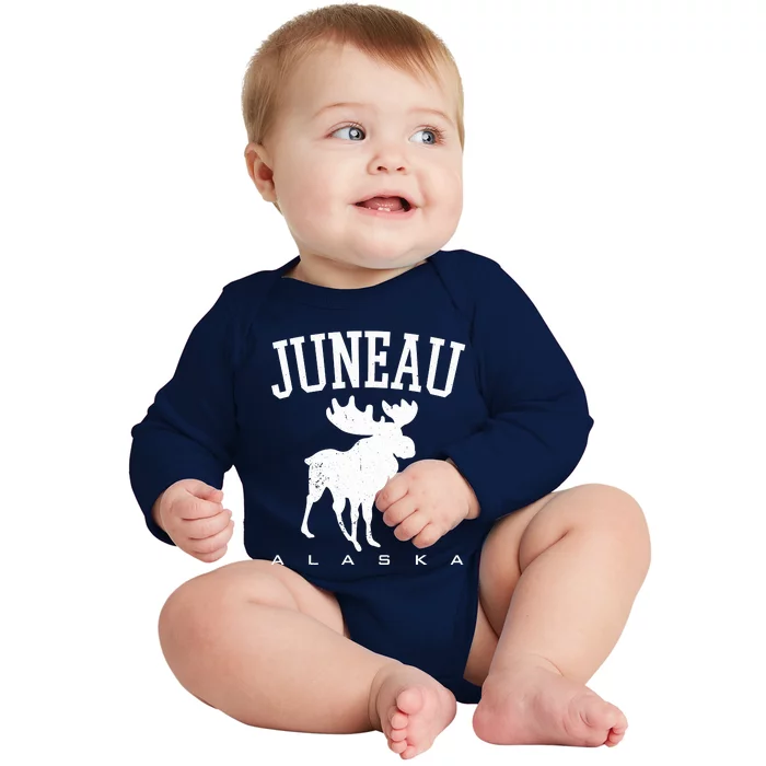 Juneau Alaska Moose Family Hiking Camping Trip Retro Vintage Funny Gift Baby Long Sleeve Bodysuit