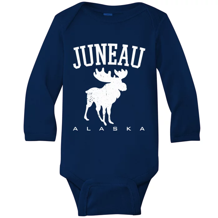 Juneau Alaska Moose Family Hiking Camping Trip Retro Vintage Funny Gift Baby Long Sleeve Bodysuit