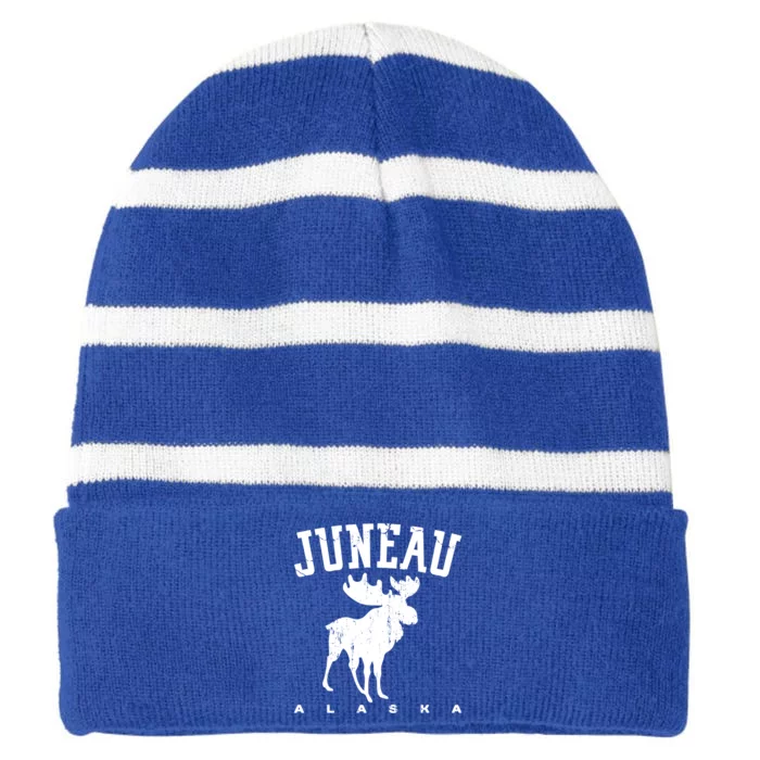 Juneau Alaska Moose Family Hiking Camping Trip Retro Vintage Funny Gift Striped Beanie with Solid Band