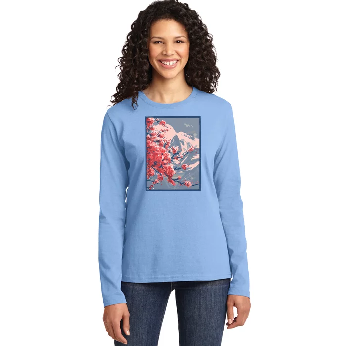 Japanese Cherry Blossom Mountain Ladies Long Sleeve Shirt