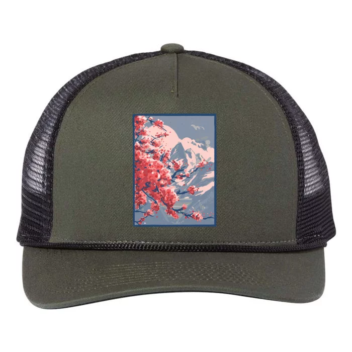 Japanese Cherry Blossom Mountain Retro Rope Trucker Hat Cap