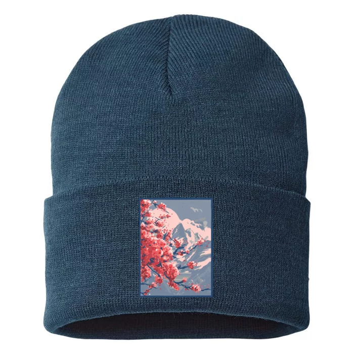 Japanese Cherry Blossom Mountain Sustainable Knit Beanie