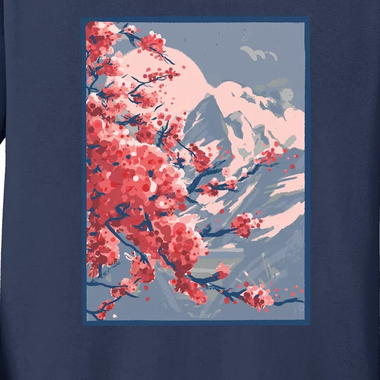 Japanese Cherry Blossom Mountain Kids Long Sleeve Shirt