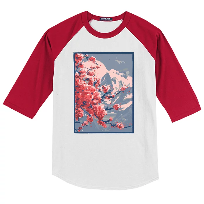 Japanese Cherry Blossom Mountain Kids Colorblock Raglan Jersey