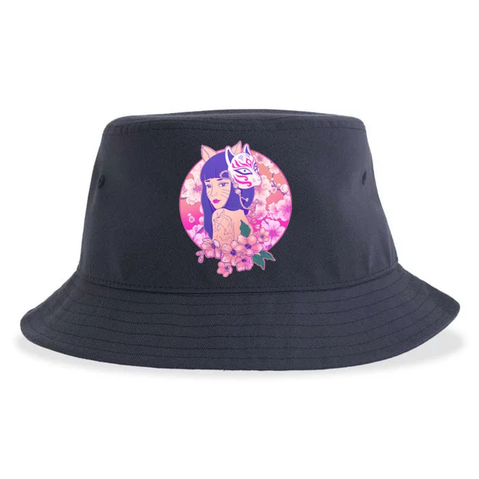 Japanese Cherry Blossoms Kitsune Fox Girl Sustainable Bucket Hat